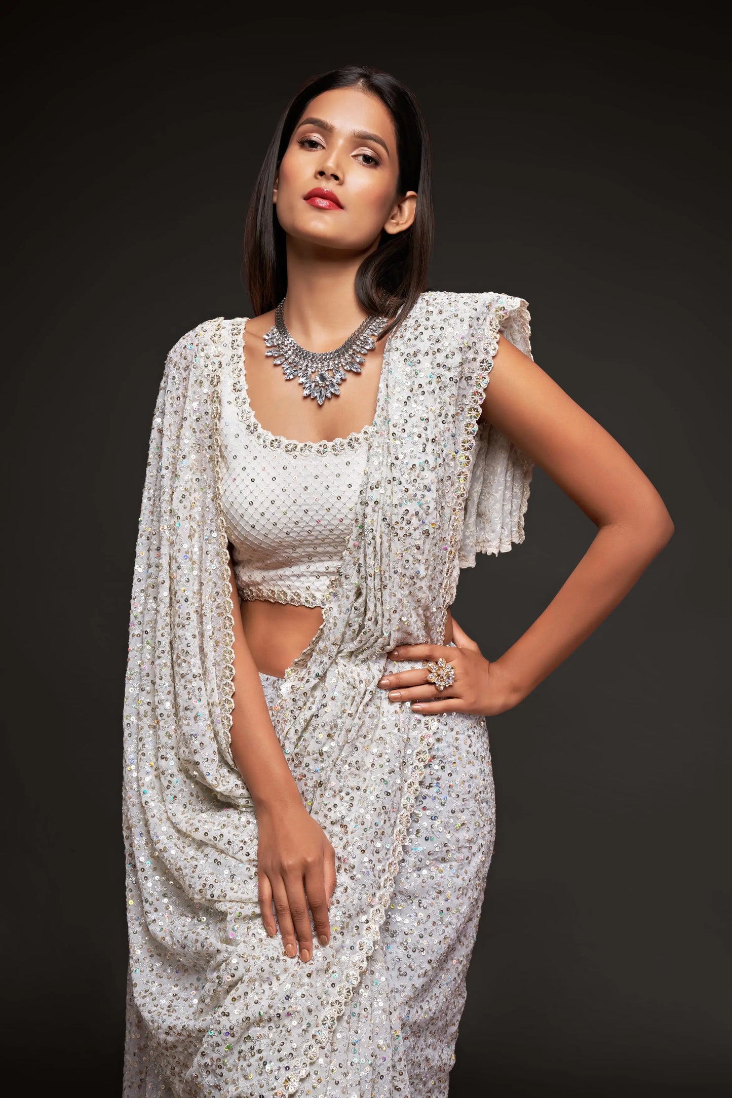 Pearl White Georgette Saree with Thread And Multiple Sequins Embroidery Work