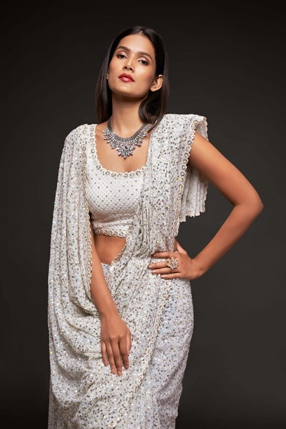 Pearl White Georgette Saree with Thread And Multiple Sequins Embroidery Work