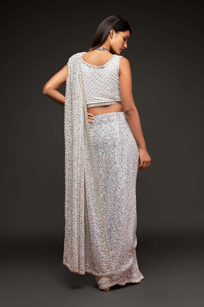 Pearl White Georgette Saree with Thread And Multiple Sequins Embroidery Work
