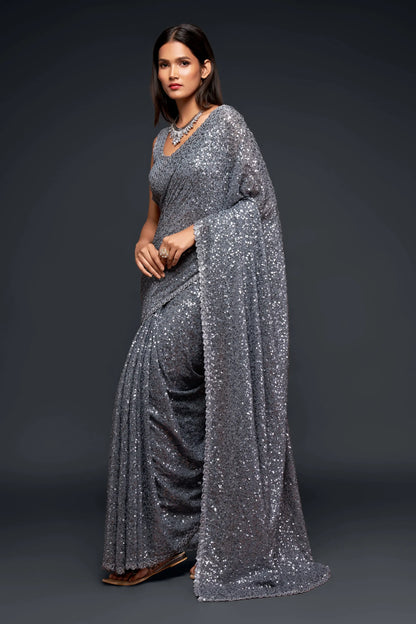 Slate Grey Georgette Saree with Thread And Multiple Sequins Embroidery Work