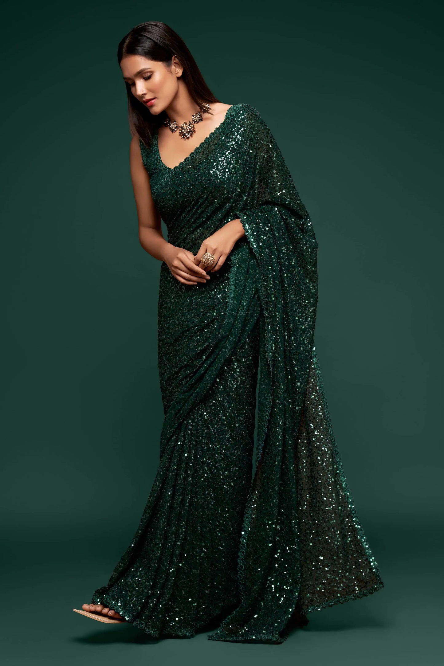 Deep Green Georgette Saree with Thread And Multiple Sequins Embroidery Work