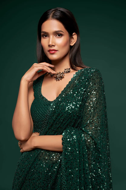 Deep Green Georgette Saree with Thread And Multiple Sequins Embroidery Work
