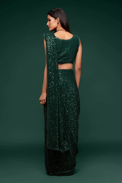 Deep Green Georgette Saree with Thread And Multiple Sequins Embroidery Work
