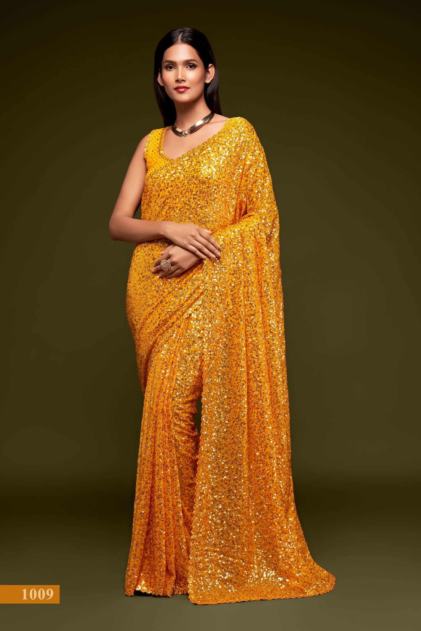 Honey Yellow Georgette with Thread And Multiple Sequins Embroidery Work