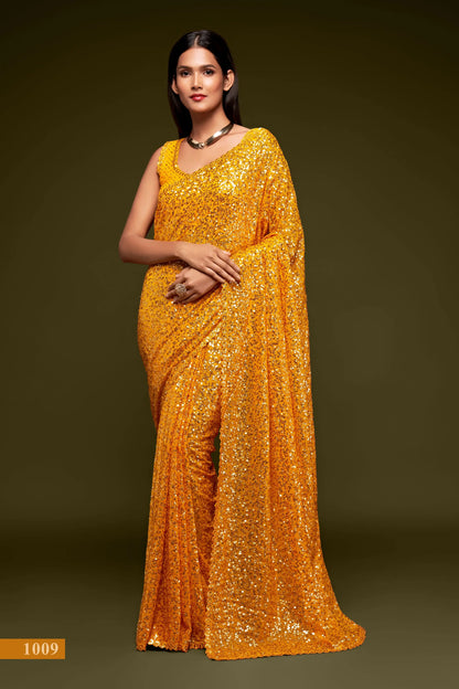 Honey Yellow Georgette with Thread And Multiple Sequins Embroidery Work