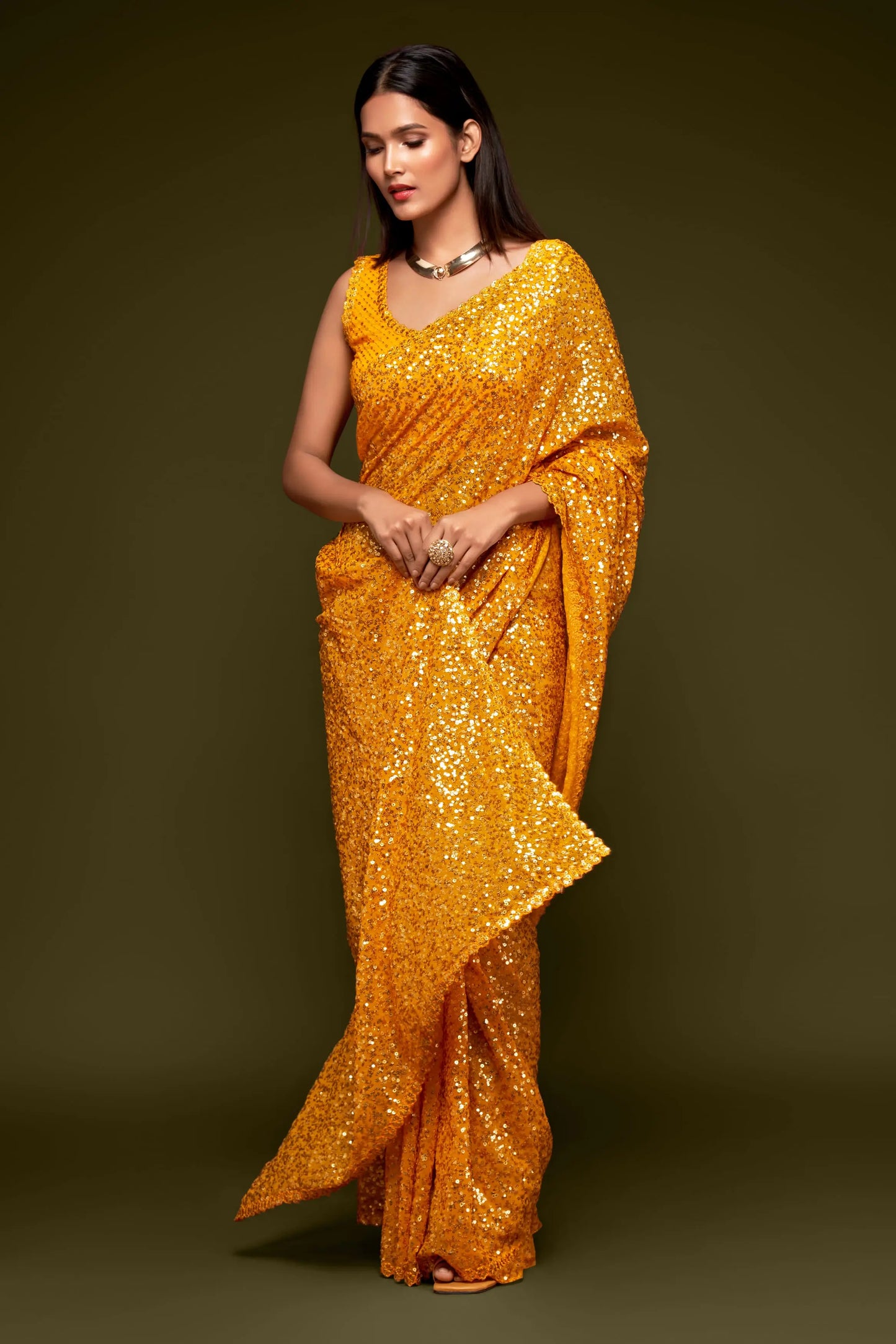Honey Yellow Georgette with Thread And Multiple Sequins Embroidery Work