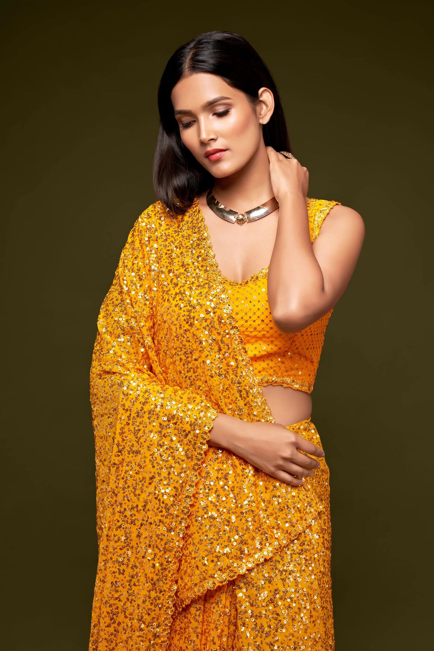 Honey Yellow Georgette with Thread And Multiple Sequins Embroidery Work