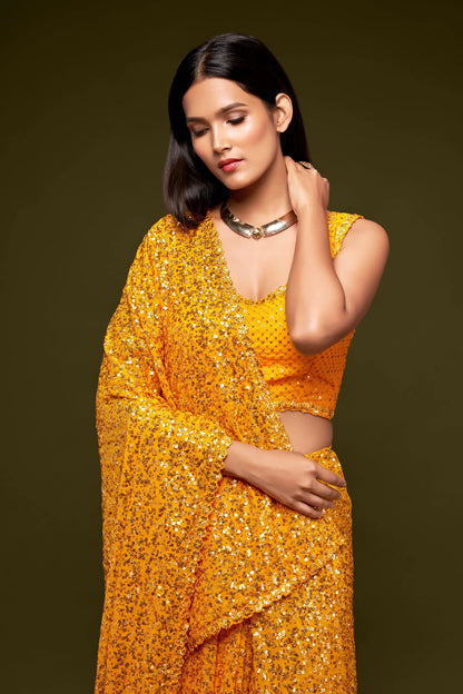 Honey Yellow Georgette with Thread And Multiple Sequins Embroidery Work