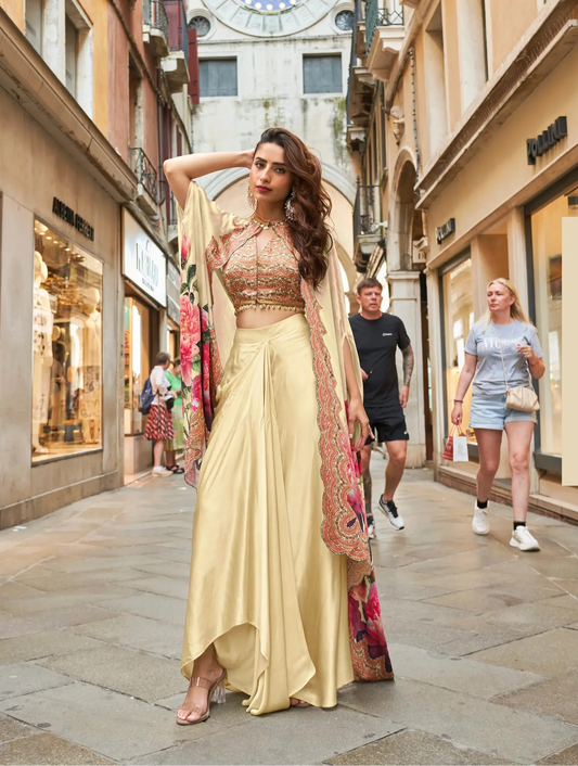 Tan Beige Indo Western Set With Print & Hand Work