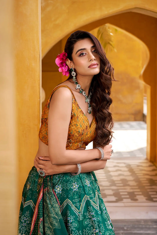 Bottle Green Silk Printed Lehenga Choli