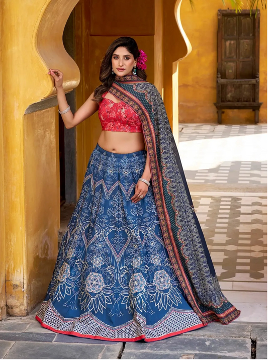 Dusky Blue Silk Printed Lehenga Choli