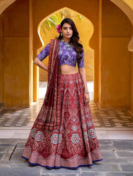 Maroon Silk Printed Lehenga Choli