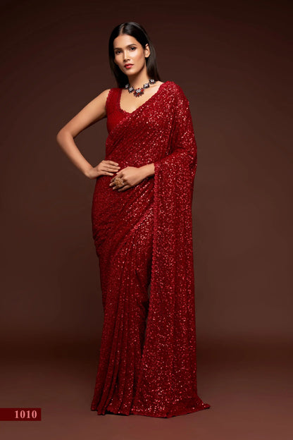 Ruby Red Georgette Saree with Thread And Multiple Sequins Embroidery Work