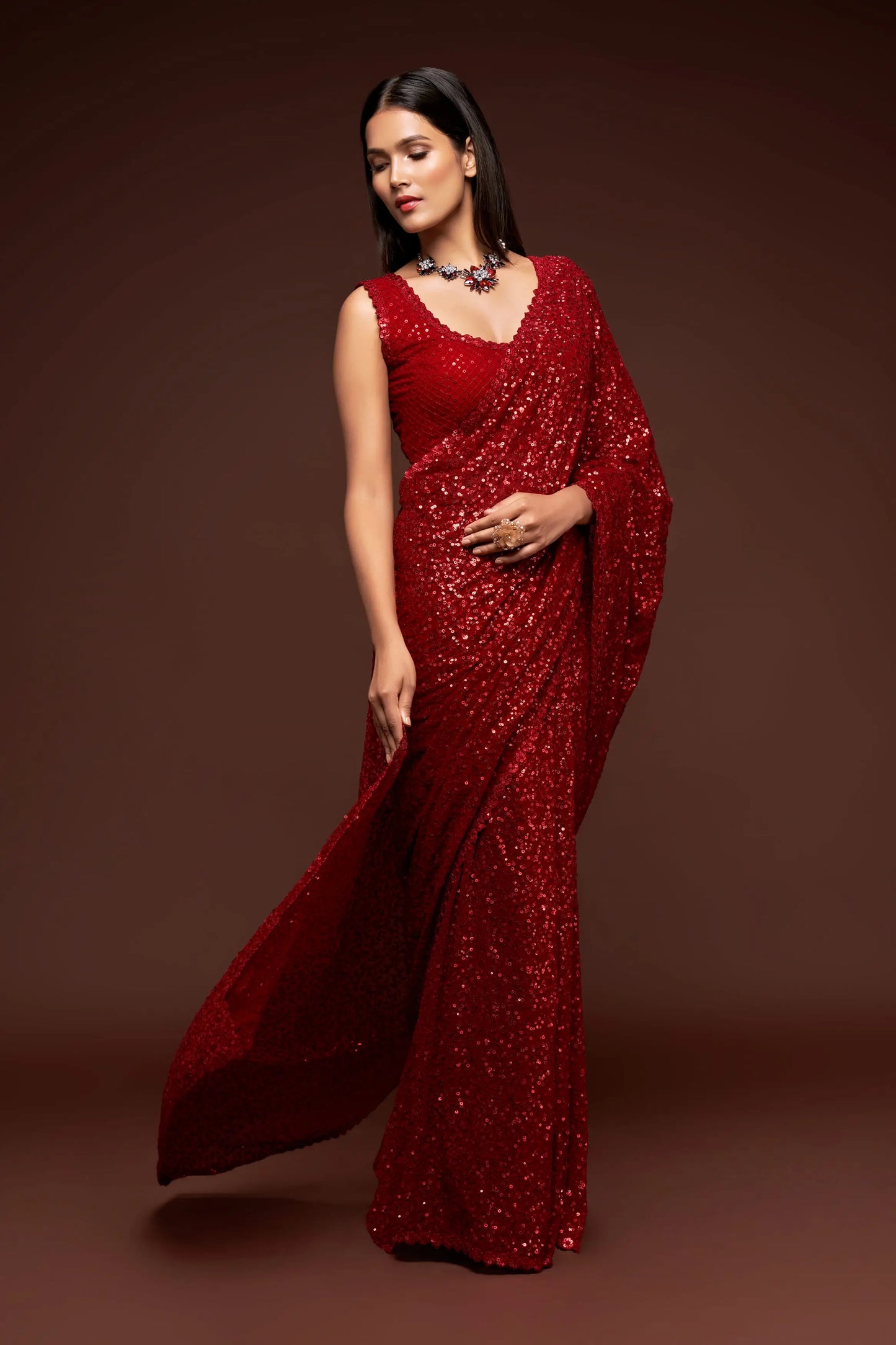 Ruby Red Georgette Saree with Thread And Multiple Sequins Embroidery Work
