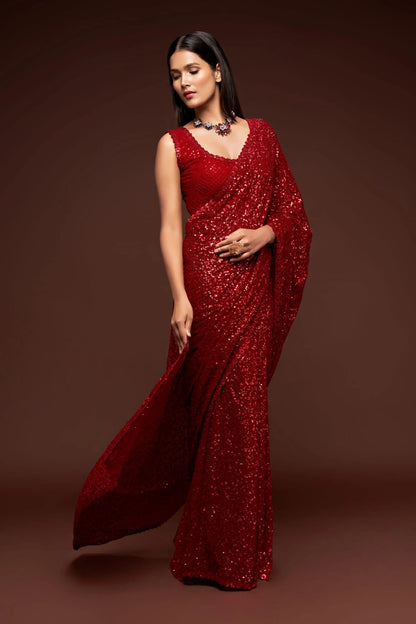 Ruby Red Georgette Saree with Thread And Multiple Sequins Embroidery Work
