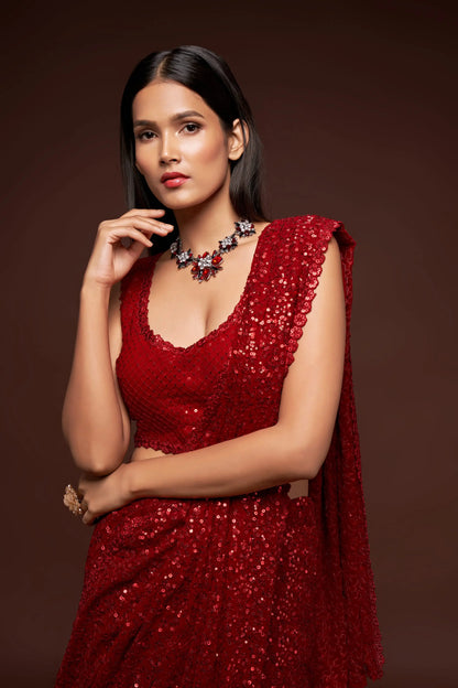 Ruby Red Georgette Saree with Thread And Multiple Sequins Embroidery Work