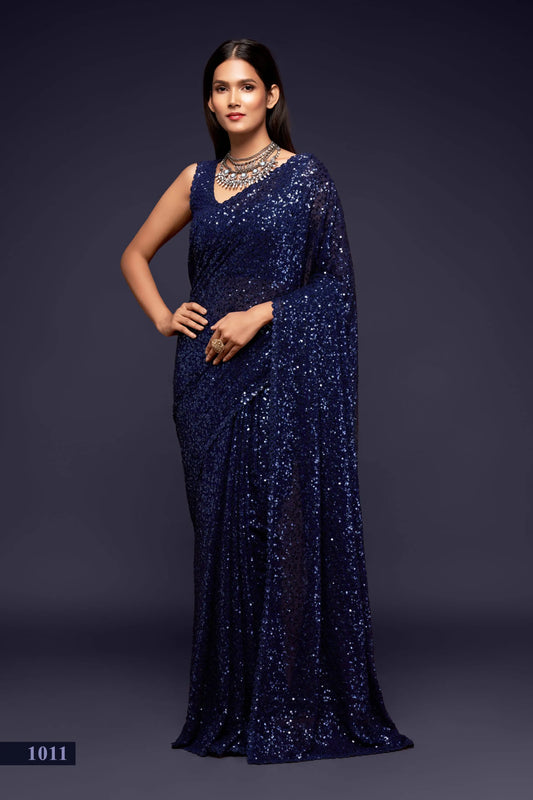 Blush Blue Georgette Saree with Thread And Multiple Sequins Embroidery Work