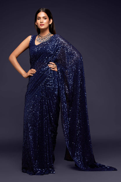 Blush Blue Georgette Saree with Thread And Multiple Sequins Embroidery Work