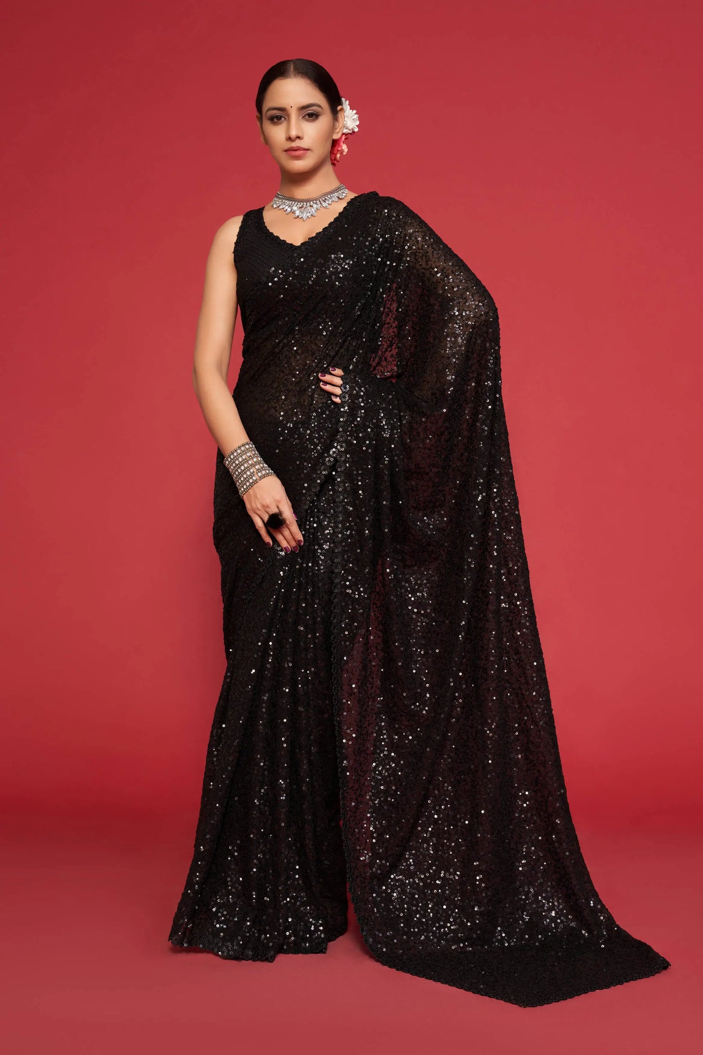 Black Georgette Saree with Thread And Multiple Sequins Embroidery Work