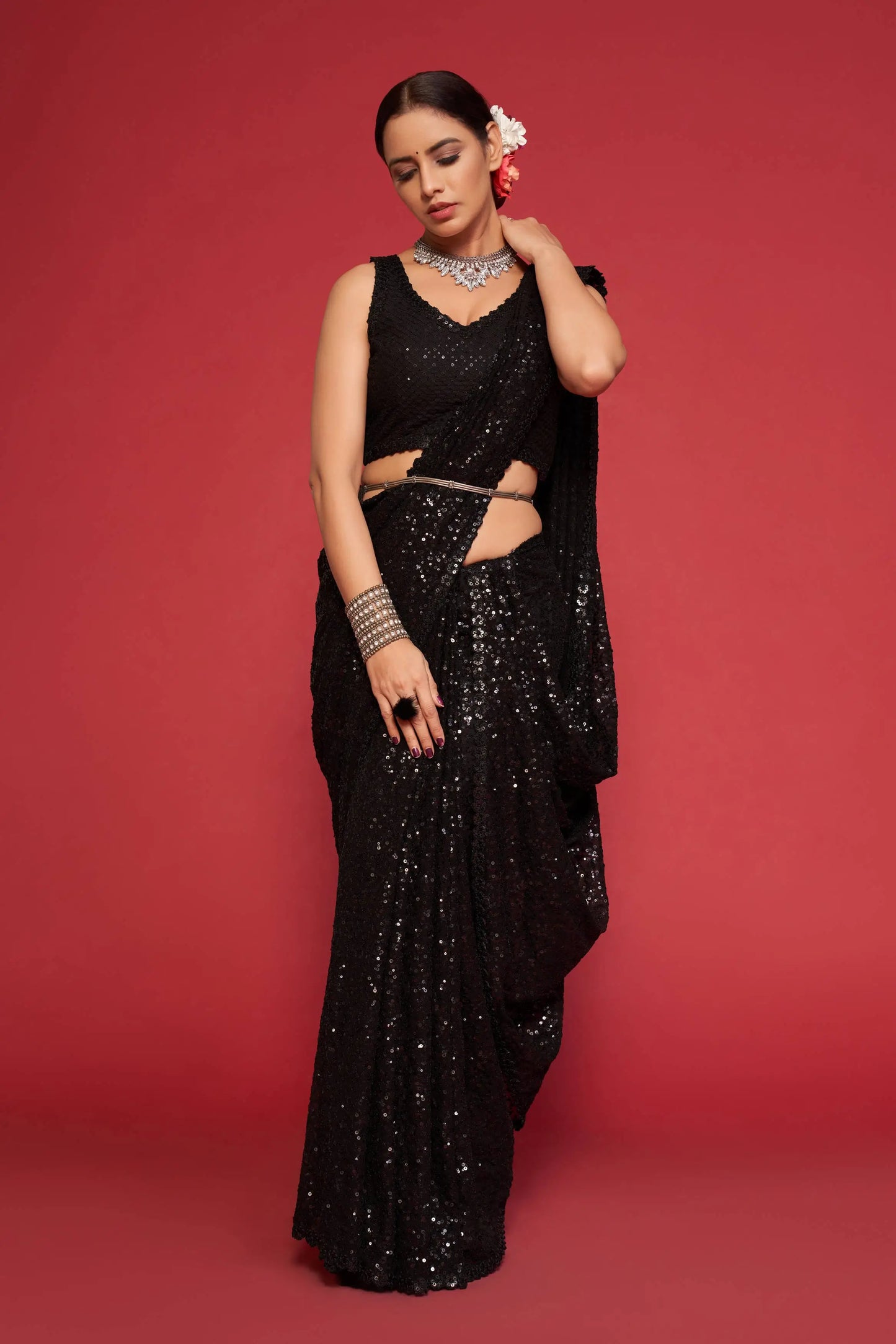 Black Georgette Saree with Thread And Multiple Sequins Embroidery Work