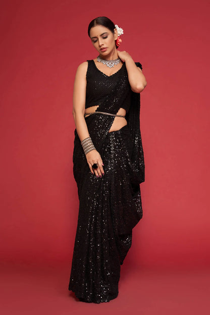 Black Georgette Saree with Thread And Multiple Sequins Embroidery Work
