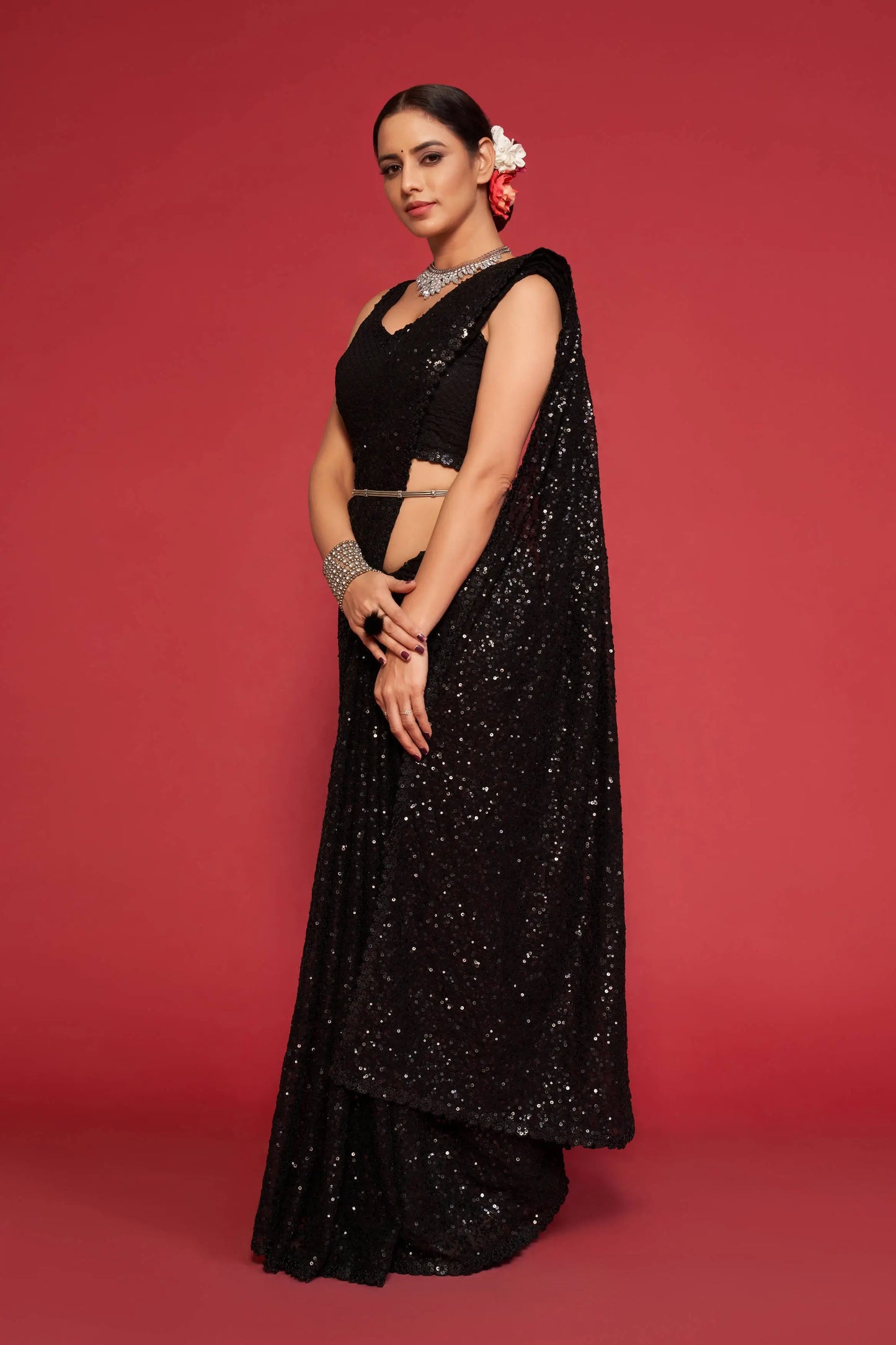 Black Georgette Saree with Thread And Multiple Sequins Embroidery Work