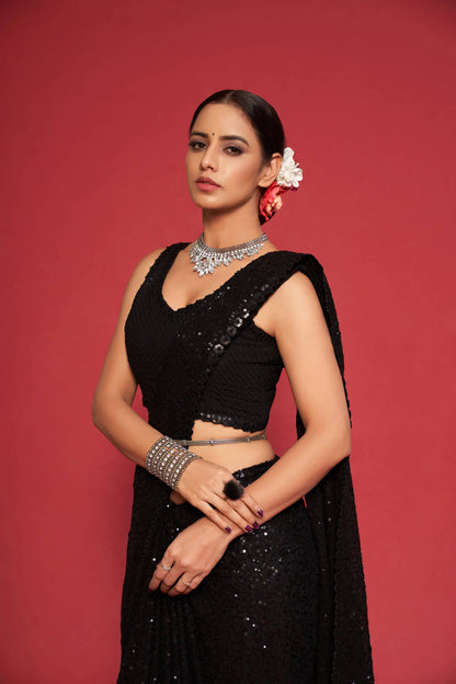 Black Georgette Saree with Thread And Multiple Sequins Embroidery Work