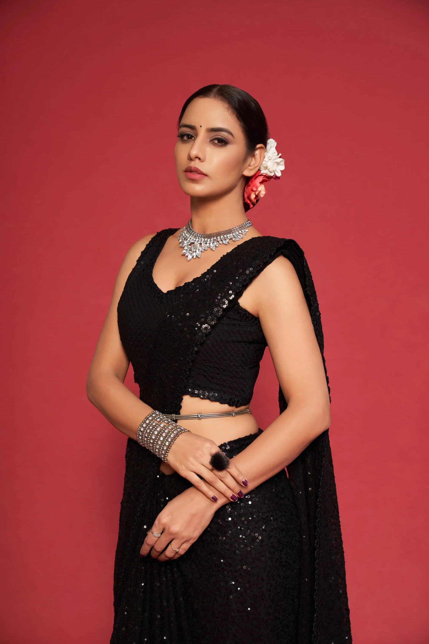 Black Georgette Saree with Thread And Multiple Sequins Embroidery Work