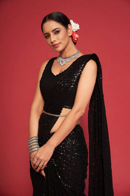 Black Georgette Saree with Thread And Multiple Sequins Embroidery Work