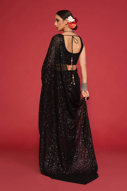 Black Georgette Saree with Thread And Multiple Sequins Embroidery Work