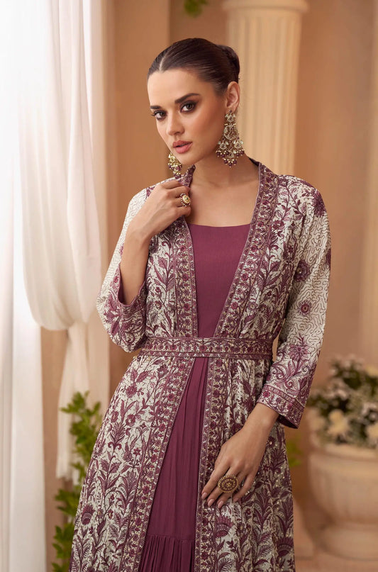 Dark Mauve Gown With Embroidered Shrug