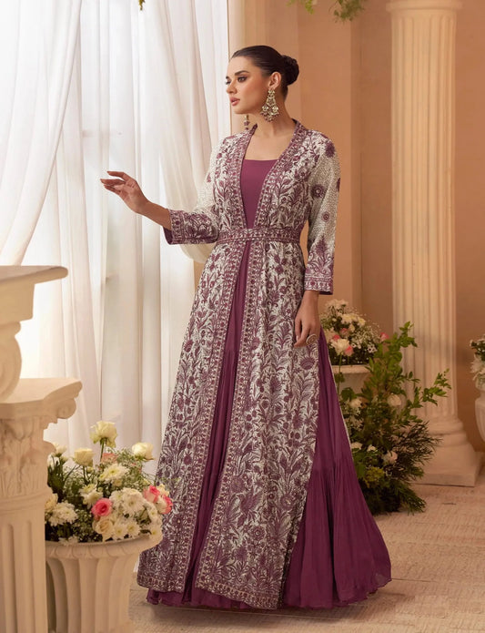 Dark Mauve Gown With Embroidered Shrug