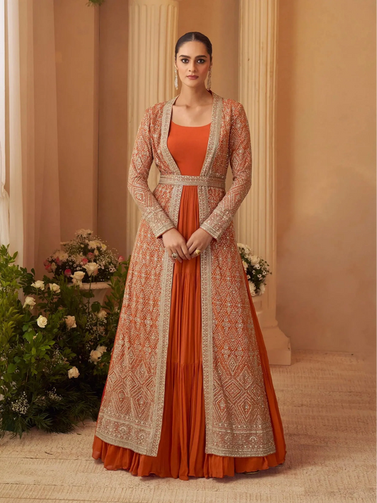 Bright Orange Gown With Embroidered Shrug
