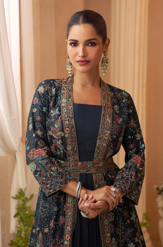 Navy Blue Gown With Embroidered Shrug