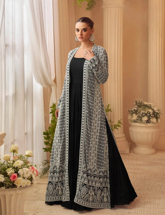 Smoky Black Gown With Embroidered Shrug