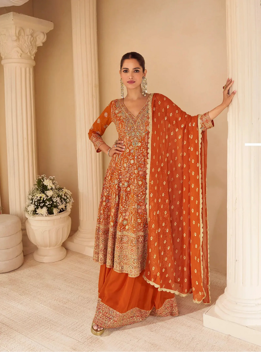 Rust Orange Heavy Embroidery salwar suit