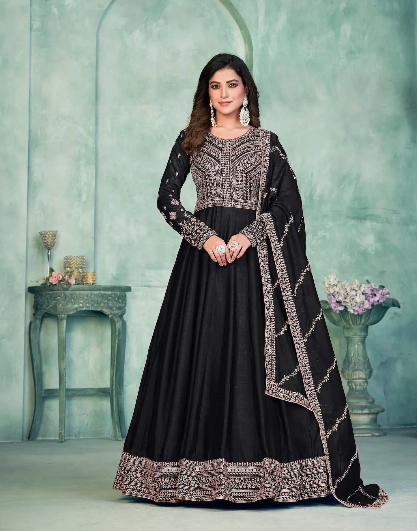 Black Art Silk Gown With Zari & Thread Embroidery Work