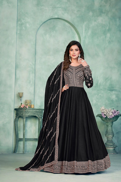 Black Art Silk Gown With Zari & Thread Embroidery Work