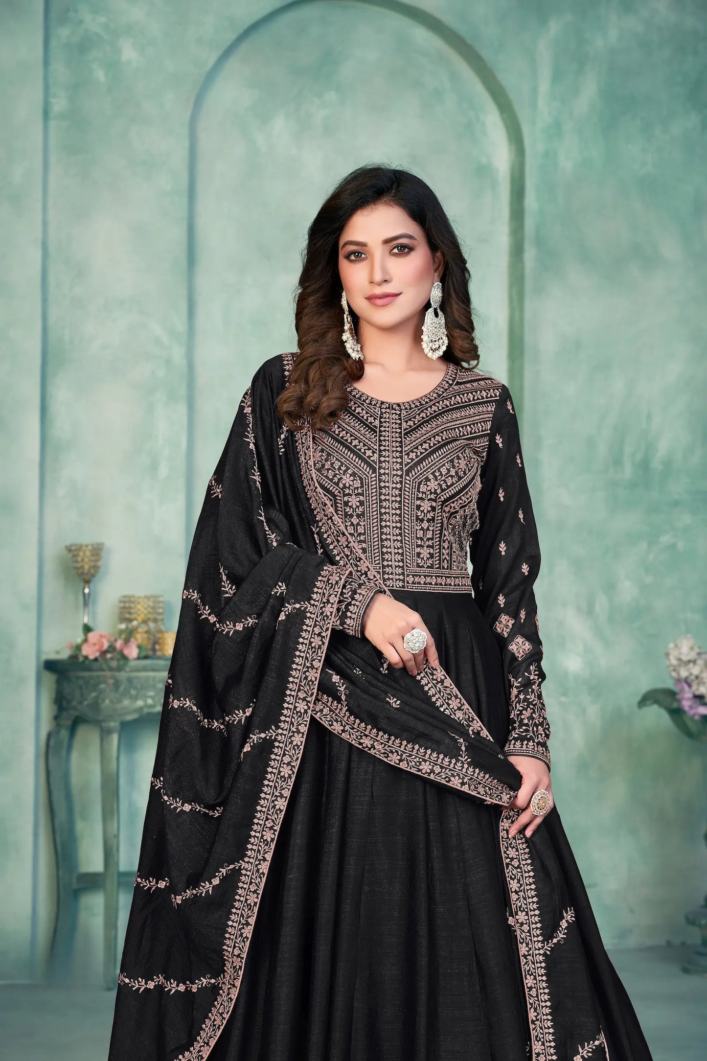 Black Art Silk Gown With Zari & Thread Embroidery Work