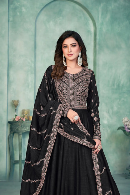 Black Art Silk Gown With Zari & Thread Embroidery Work