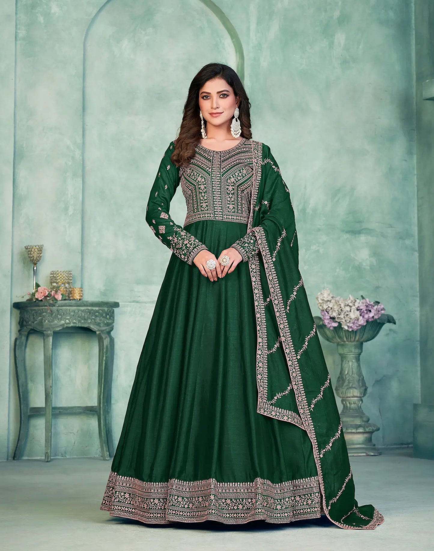 Green Art Silk Gown With Zari & Thread Embroidery Work