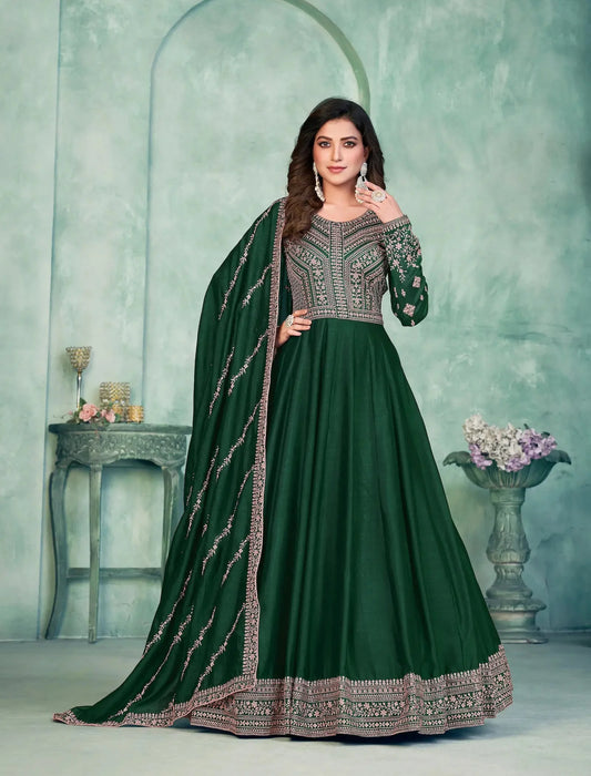 Green Art Silk Gown With Zari & Thread Embroidery Work