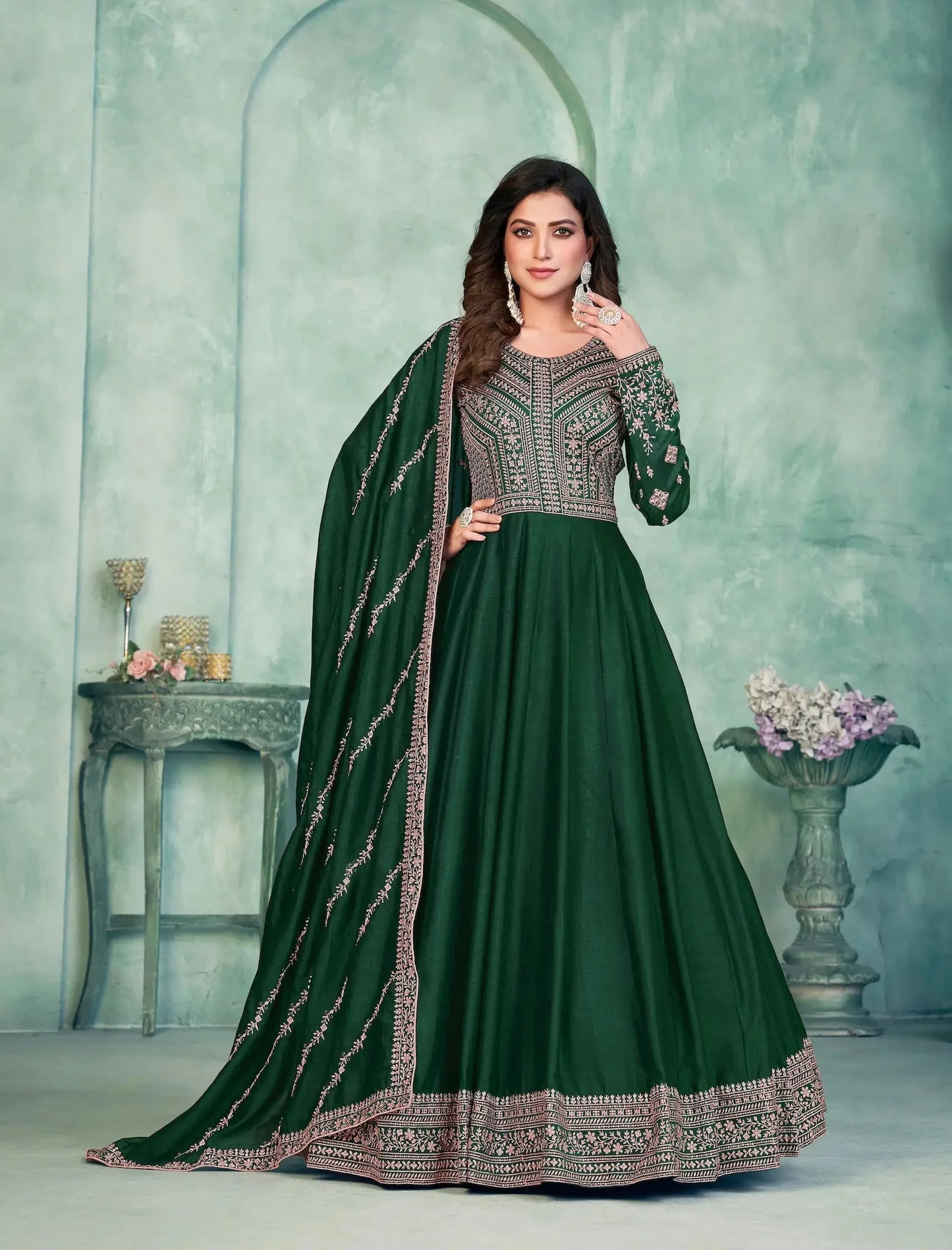 Green Art Silk Gown With Zari & Thread Embroidery Work