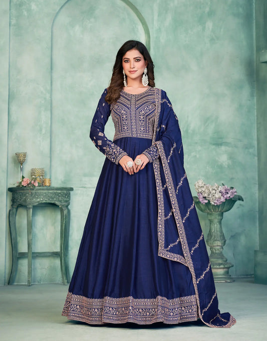 Blue Art Silk Gown With Zari & Thread Embroidery Work