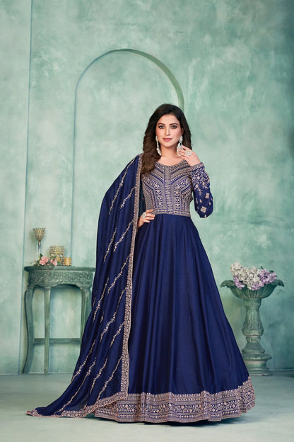Blue Art Silk Gown With Zari & Thread Embroidery Work