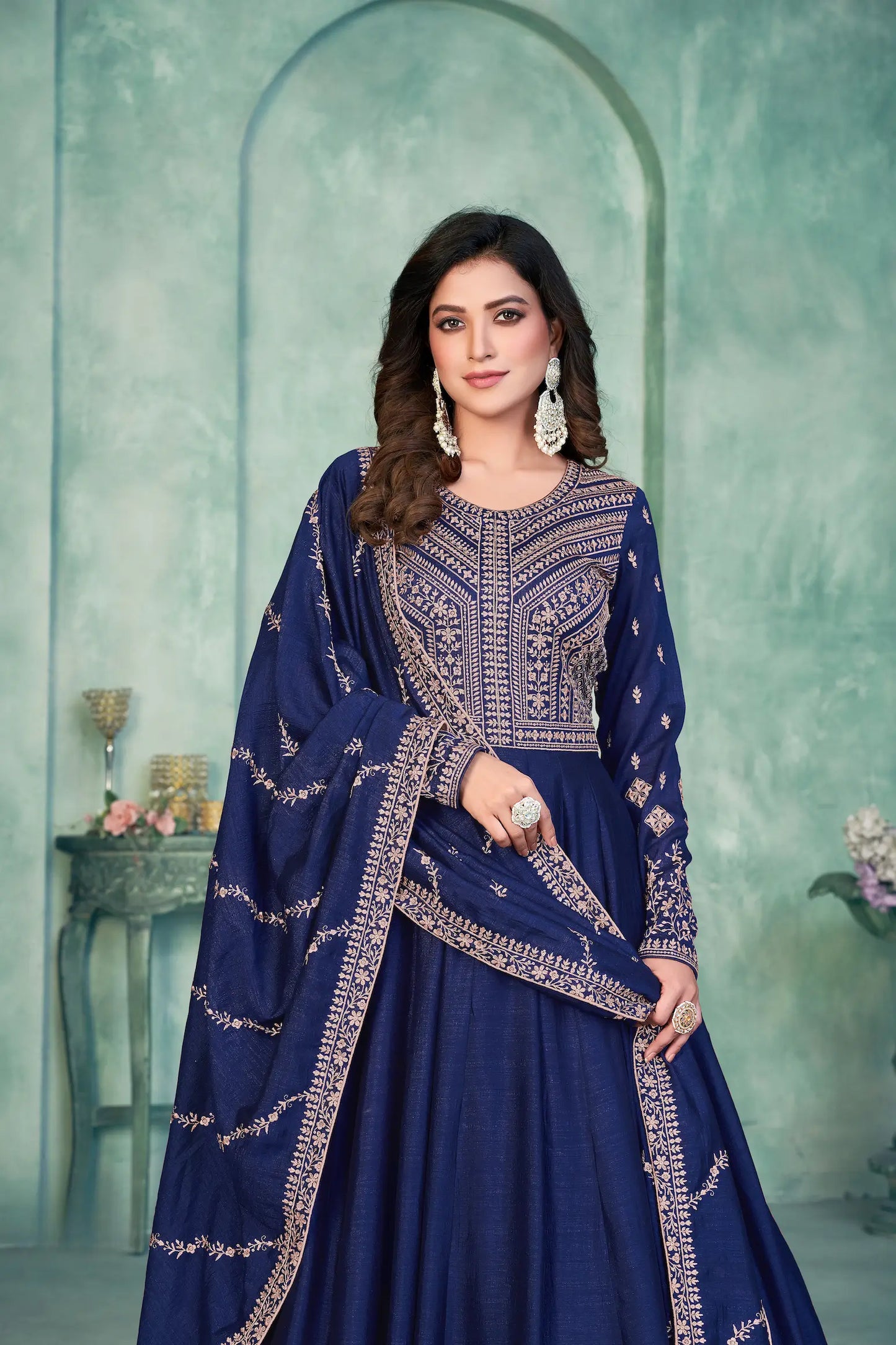Blue Art Silk Gown With Zari & Thread Embroidery Work