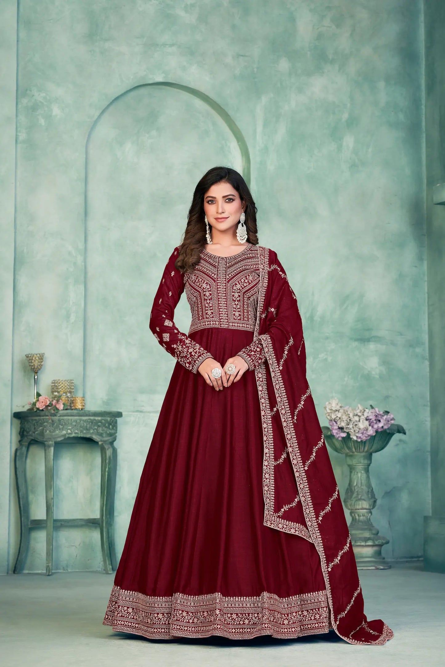 Red Art Silk Gown With Zari & Thread Embroidery Work