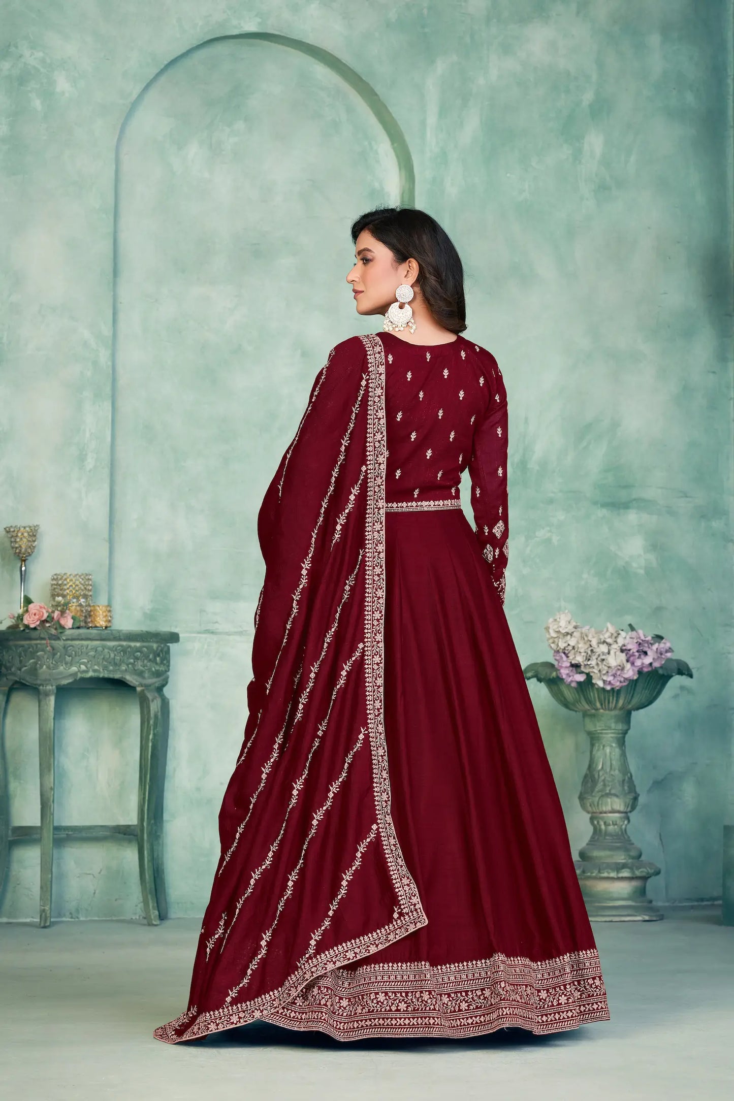 Red Art Silk Gown With Zari & Thread Embroidery Work