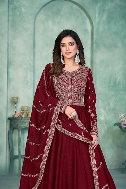 Red Art Silk Gown With Zari & Thread Embroidery Work
