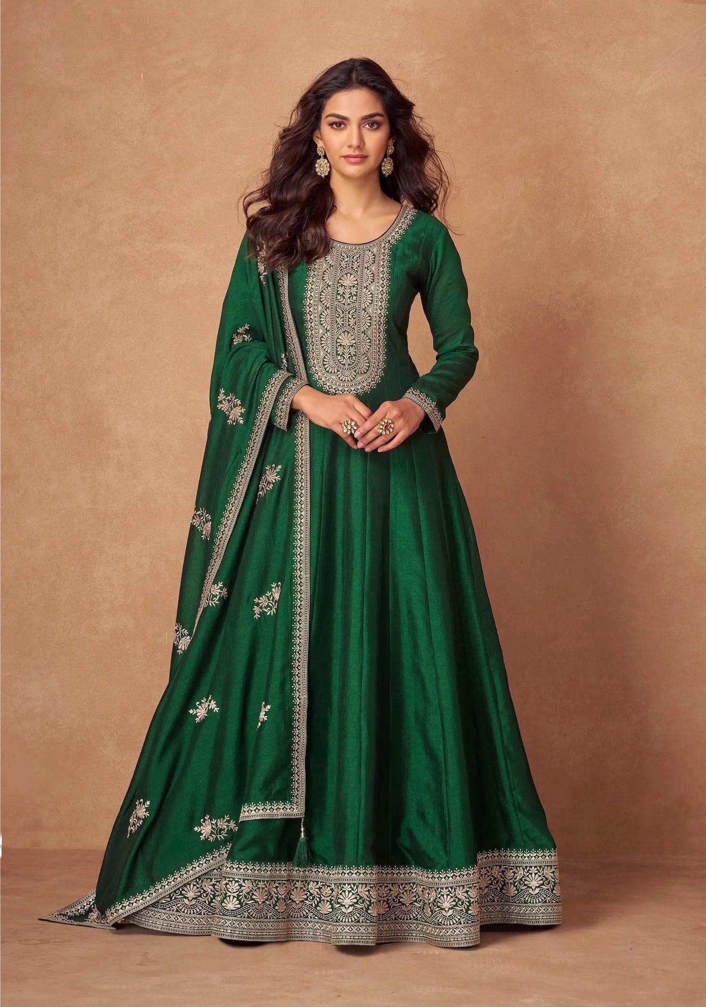 Green Premium Silk Embroidery Work Gown